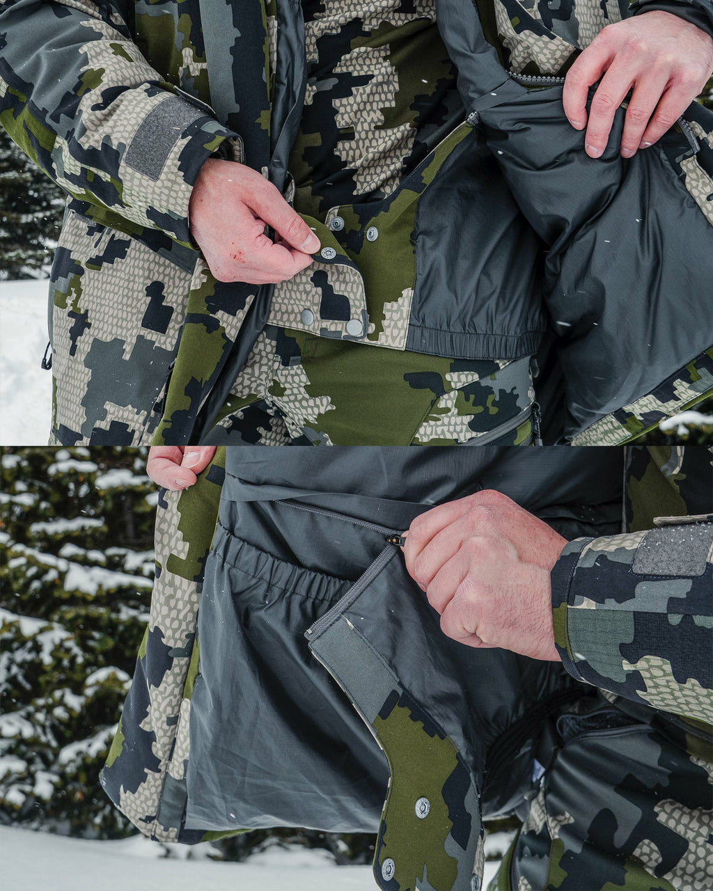 Split images showcasing internal removable powder skirt featuring front snap closures, bottom image displaying removable zippered powder skirt with silicone printed elastic on the Super Down Arktuk Parka in Verde Camouflage