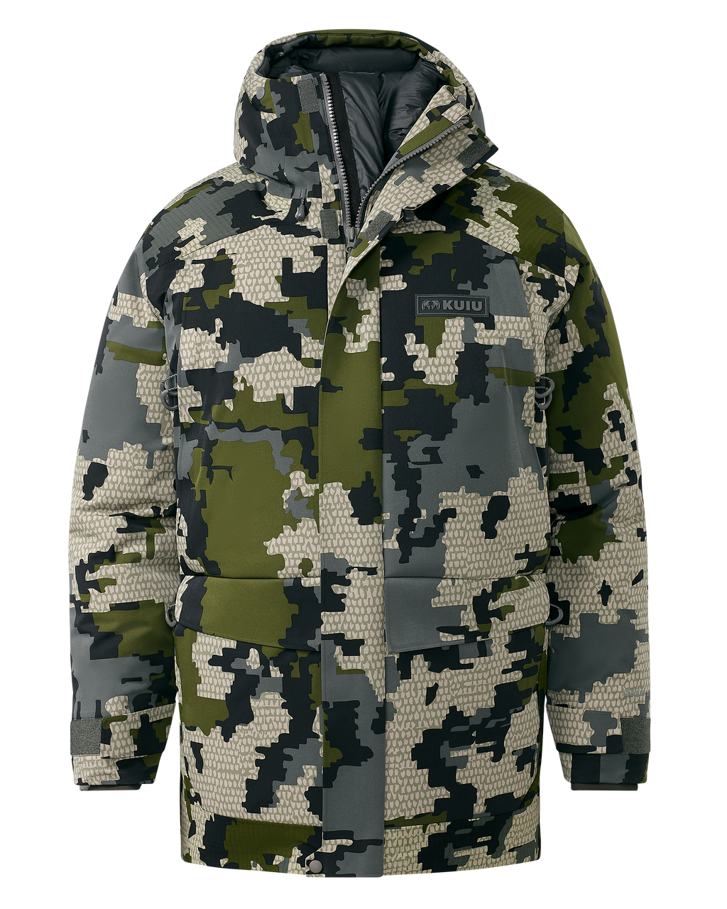 Front of Super Down Arktuk Parka in Verde Camouflage, displaying unzipped chin guard