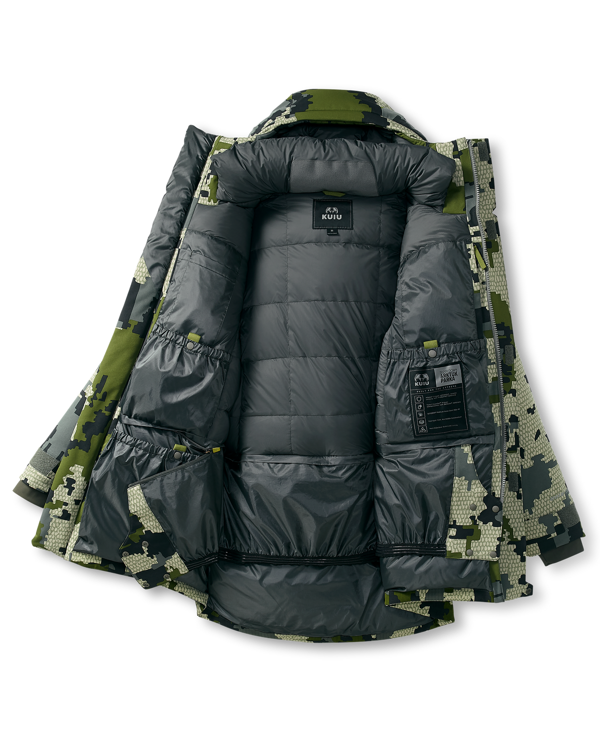 Interior view of Super Down Artuk Parka in Verde Camouflage, showcasing interior insulation and side pockets