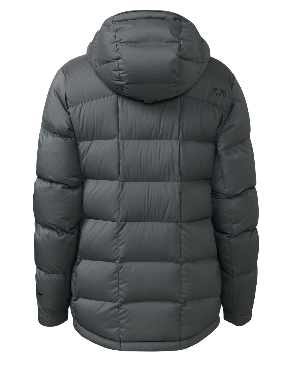 Back of Women's Super Down PRO Hooded Jacket in Gunmetal Grey
