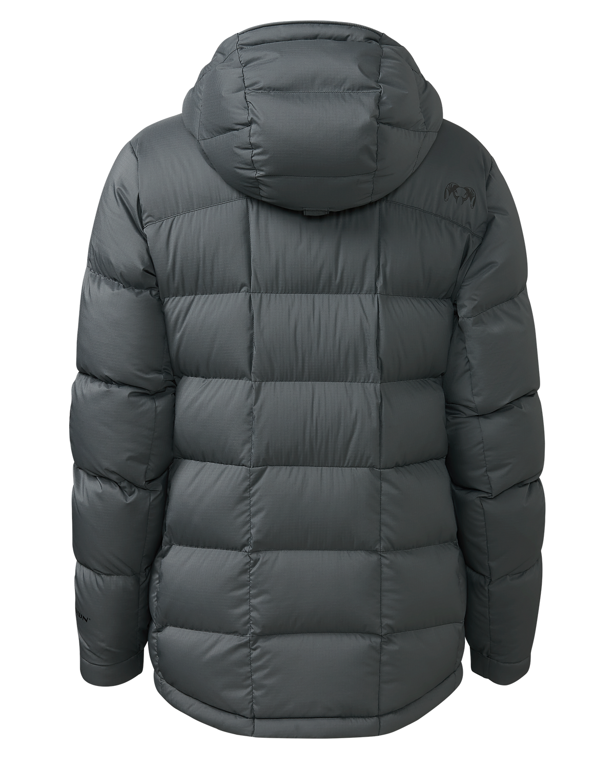 Back of Women's Super Down PRO Hooded Jacket in Gunmetal Grey