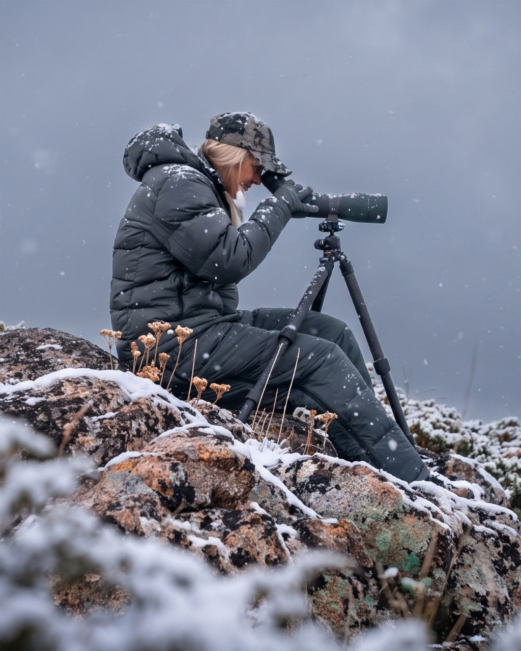 Woman in a winter outdoor setting wearing Super Down PRO Jacket and matching pant in Gunmetal Grey sits on a snow-dusted rock, using a spotting scope mounted on a tripod in a snowy outdoor setting.