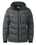 Front of Women's Super Down PRO Hooded Jacket in Gunmetal Grey