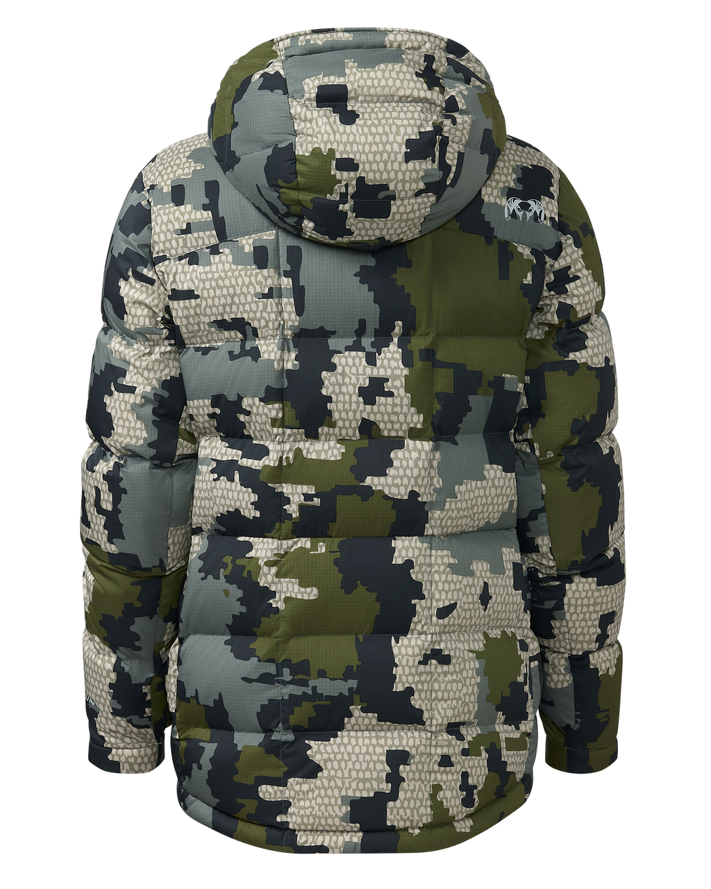 Back of Women's Super Down PRO Hooded Jacket in Verde Camouflage
