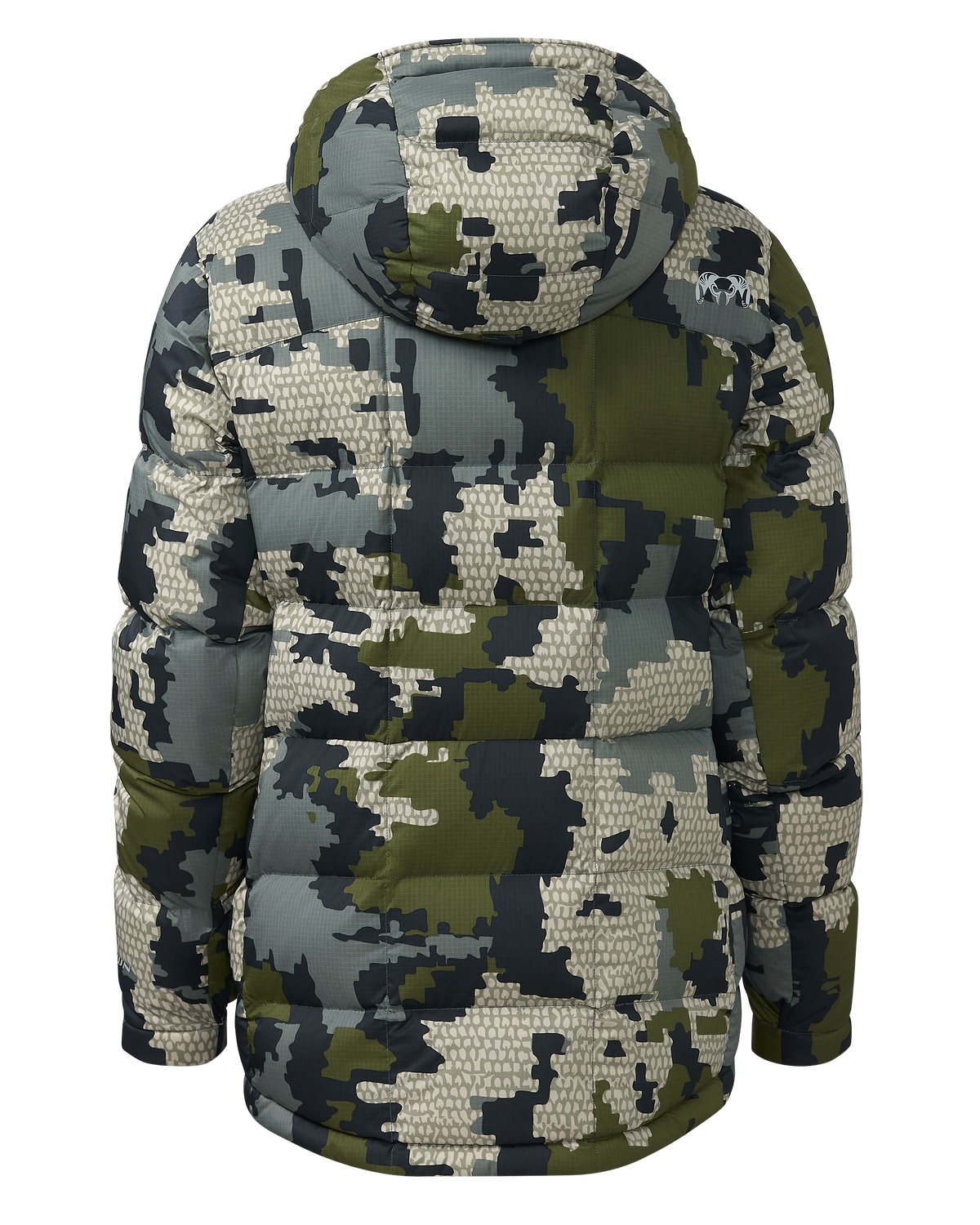 Back of Women's Super Down PRO Hooded Jacket in Verde Camouflage