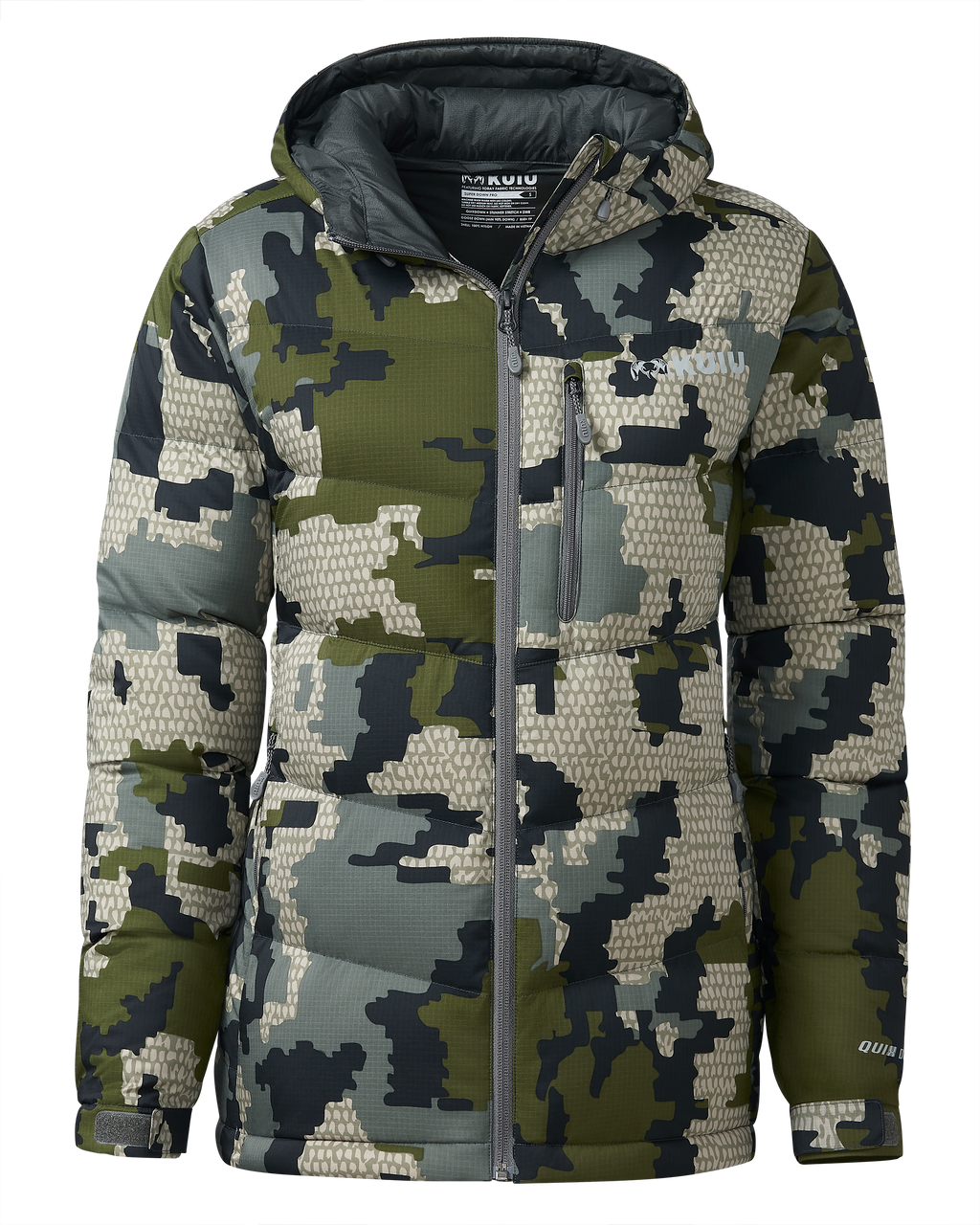 Front of Women's Super Down PRO Hooded Jacket Verde Camouflage