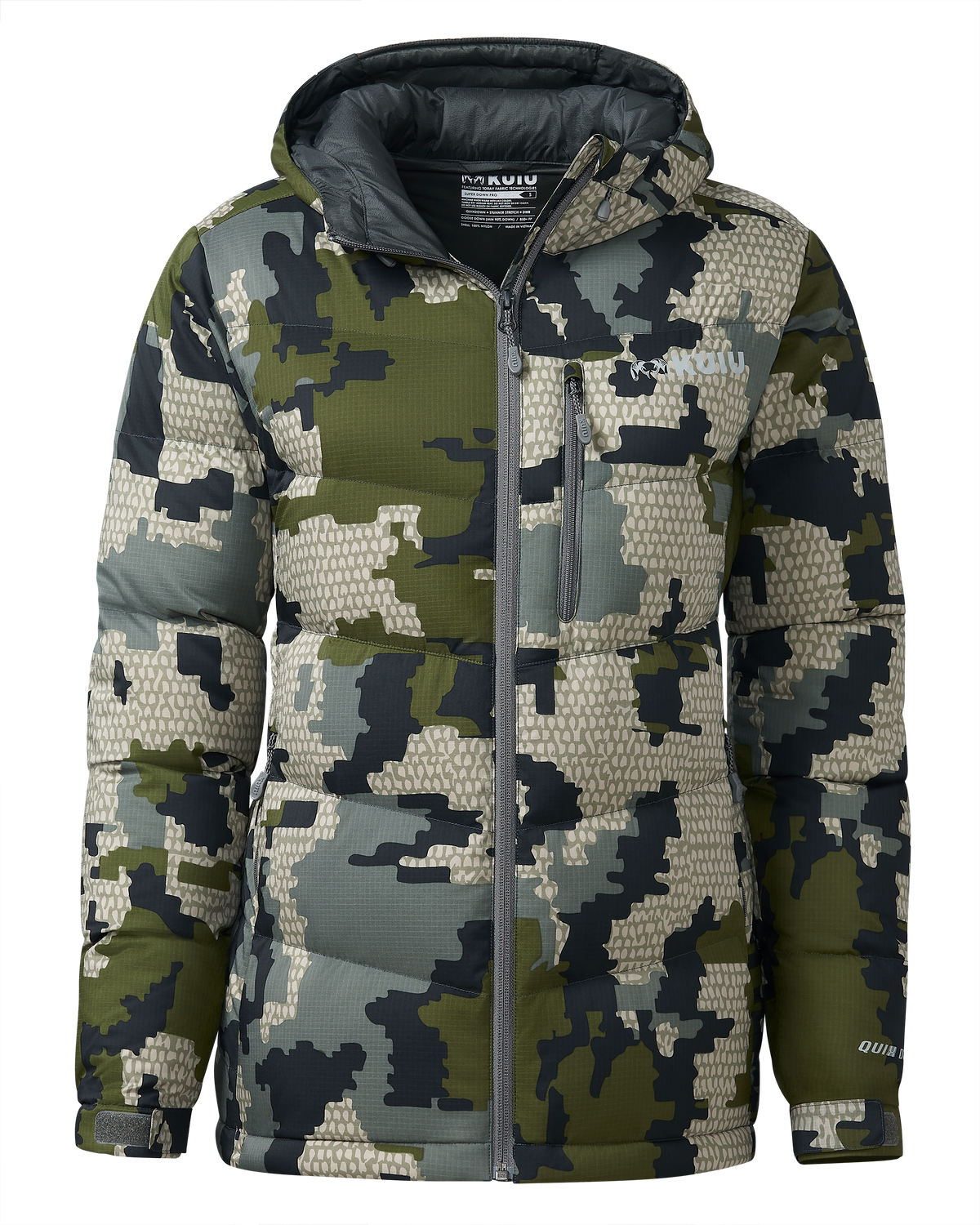 Front of Women's Super Down PRO Hooded Jacket Verde Camouflage