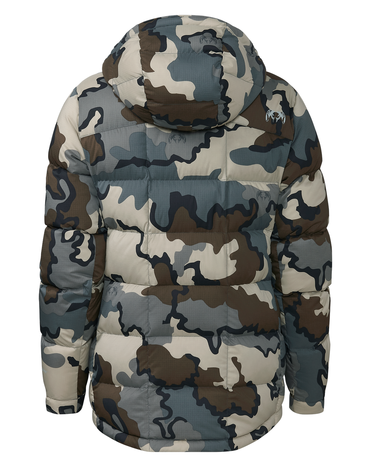Back of Women's Super Down PRO Hooded Jacket in Vias Camouflage