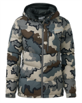 Front of Women's Super Down PRO Hooded Jacket in Vias Camouflage