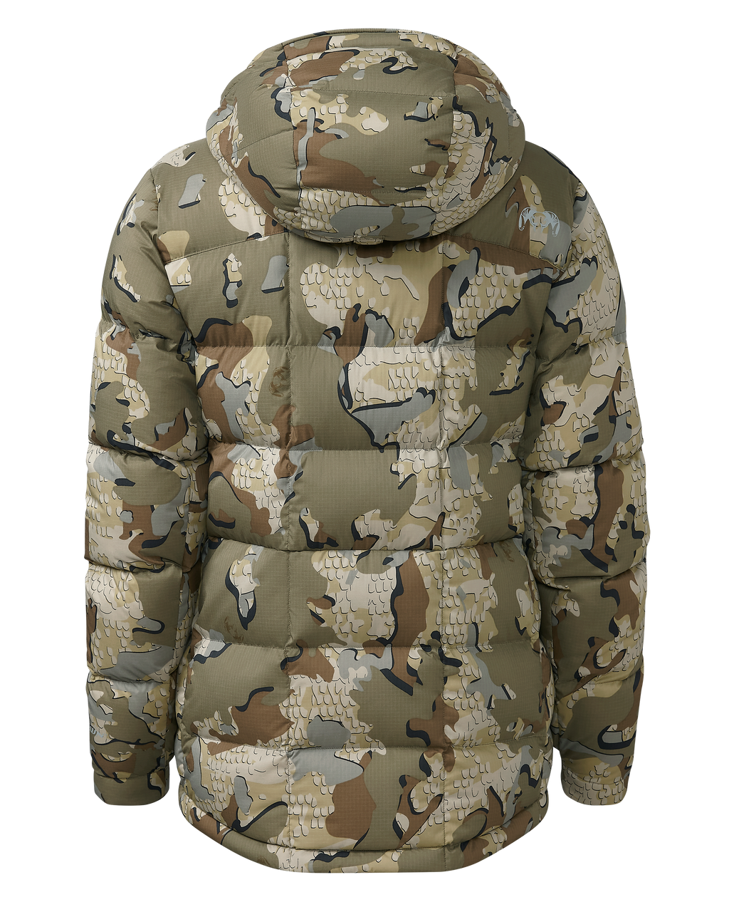 Back of Women's Super Down PRO Hooded Jacket in Valo Camouflage