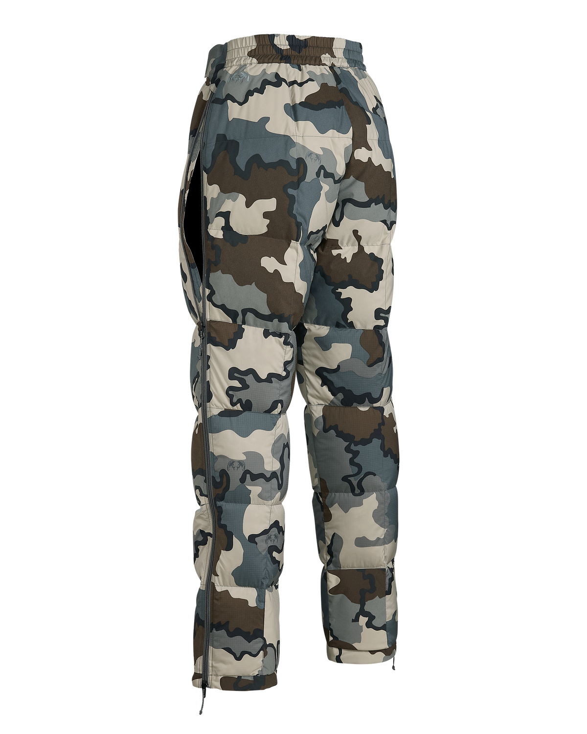 Back angled view of Women's Super Down PRO Pant in Vias Camouflage