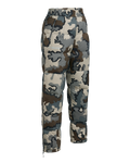 Front angled view of Women's Super Down PRO Pant in Vias Camouflage