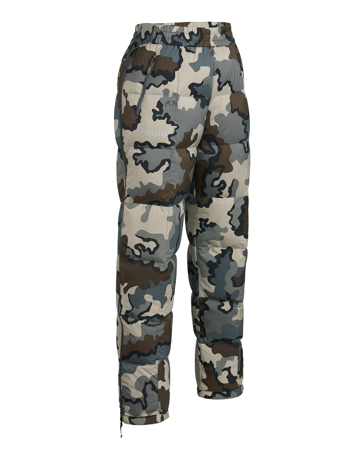 Front angled view of Women's Super Down PRO Pant in Vias Camouflage