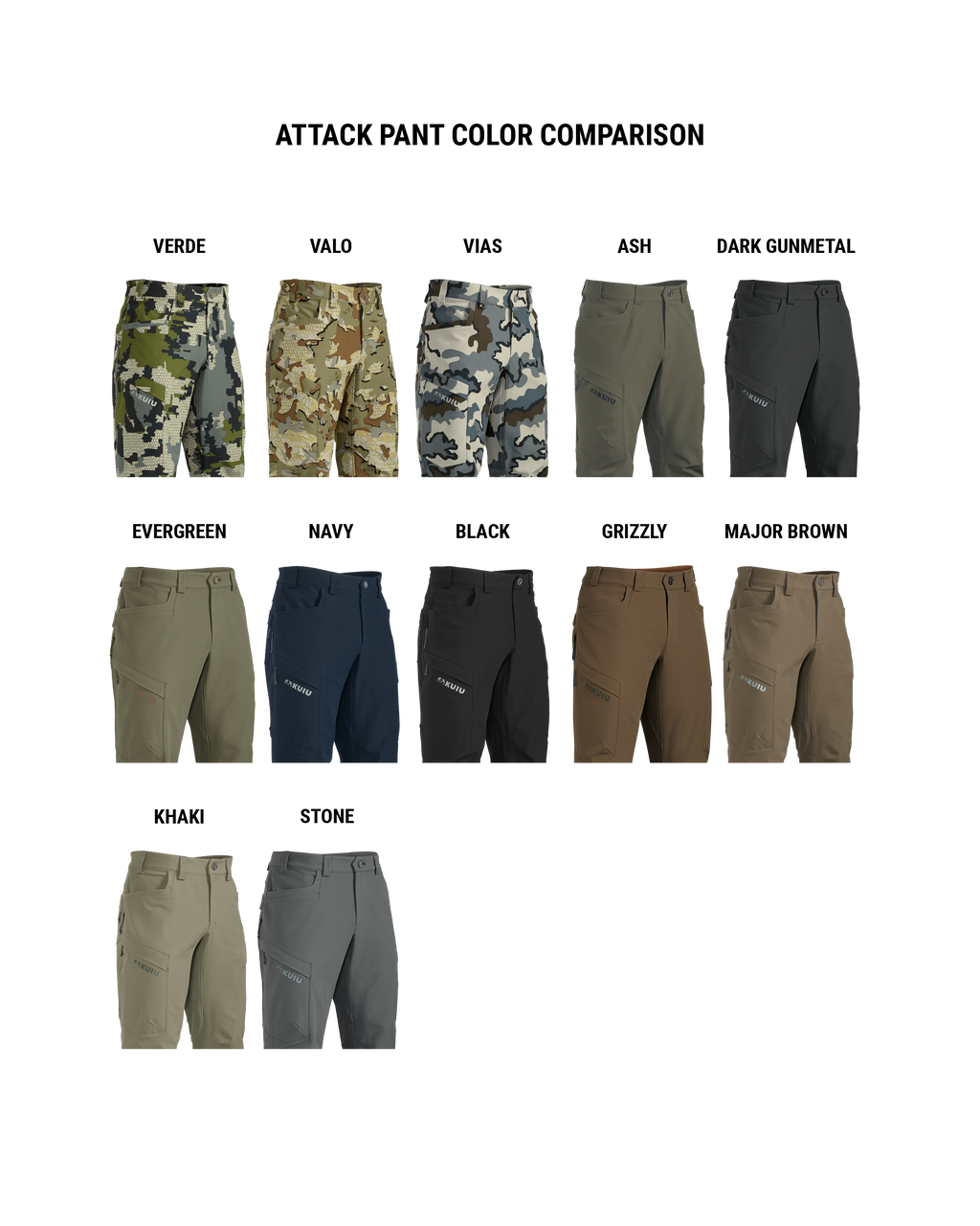 Picture showing the different color options available for the Attack Pant