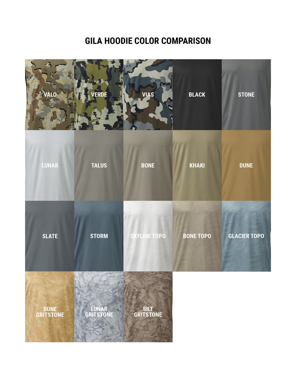 Gila Long Sleeve Hoodie Color Comparison Chart