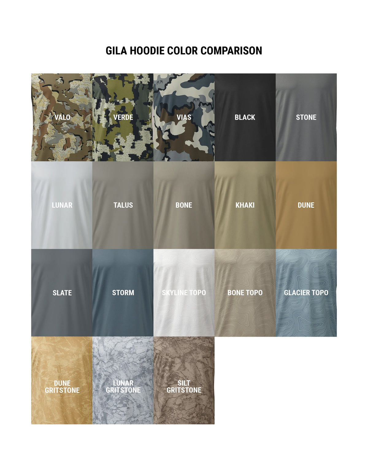 Gila Long Sleeve Hoodie Color Comparison Chart
