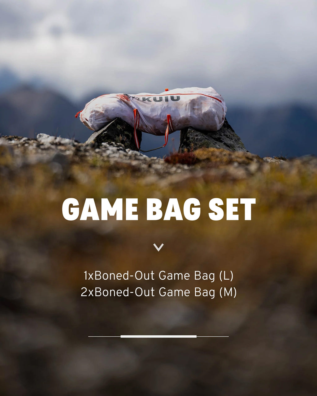 Game bag fully loaded on rocks with text stating that you are viewing a game bag set card