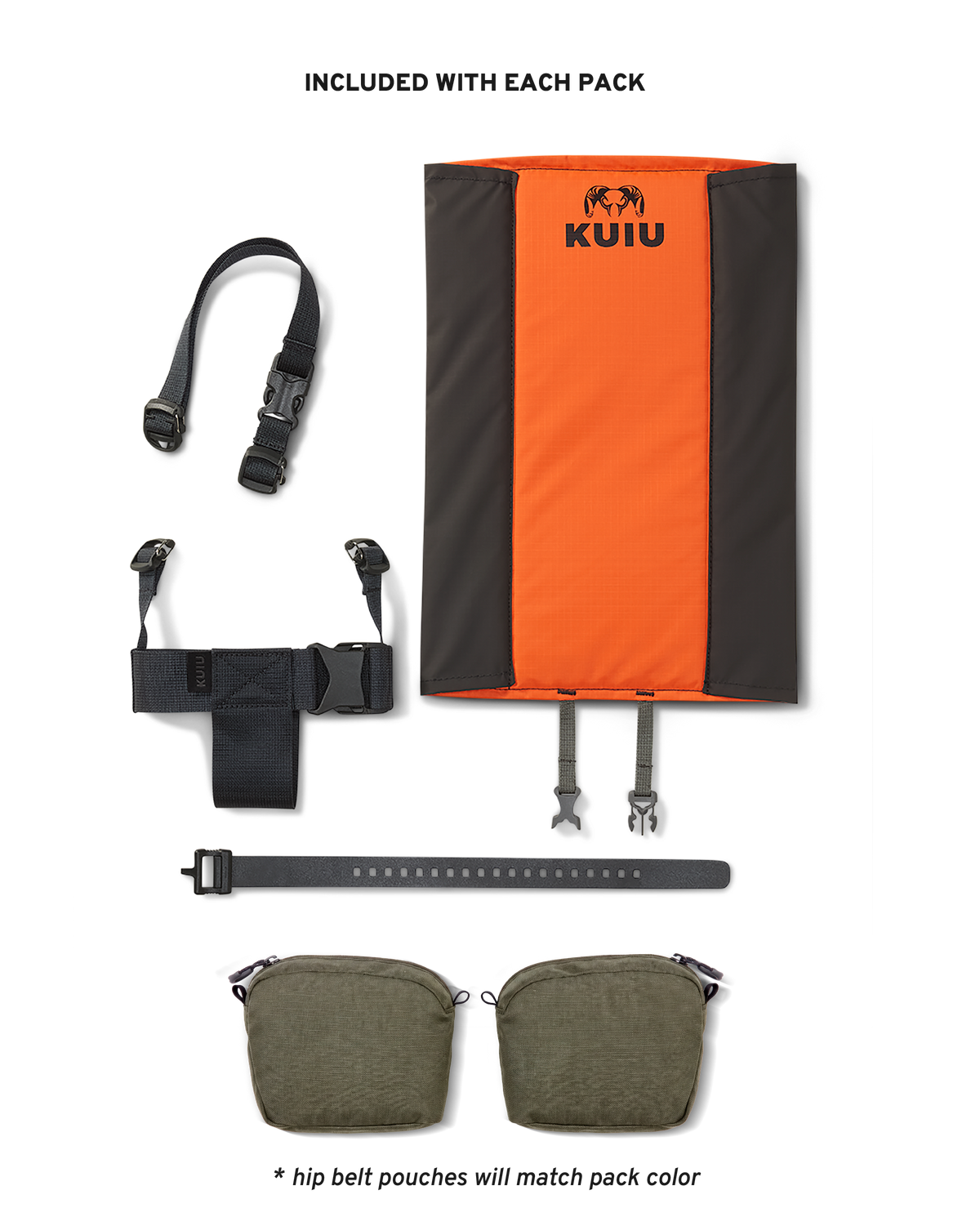 Pack accessories included in the ICON 6 Packs: Pack Load Hauler, Hip Belt Pouches, Quick-release Rifle Holder and Accessory Strap