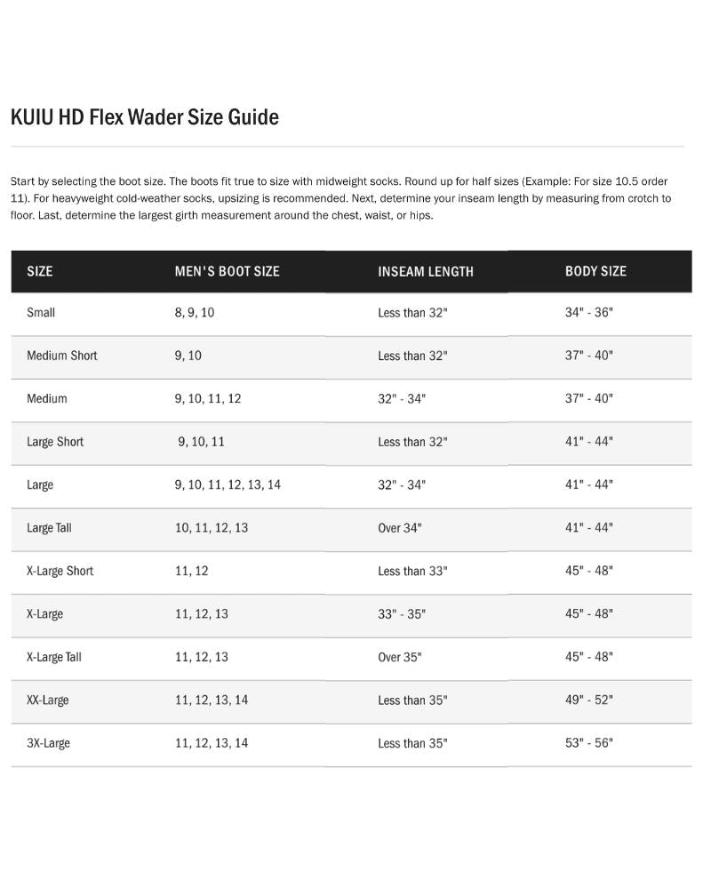 HD Flex Wader Size Guide