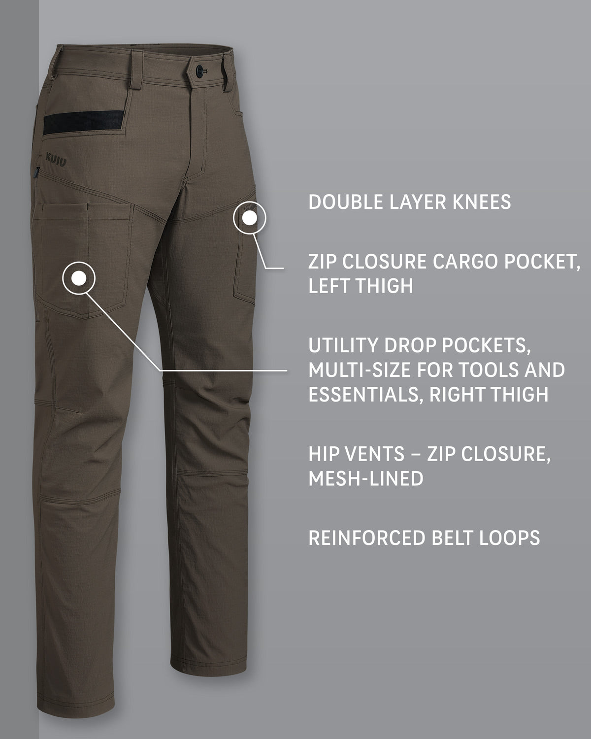 KUIU Motive Workgrade in Rodeo Brown , Highlighting Detail Callouts: Double Layer Knees, Zip Closure Cargo Pocket on Left Thigh, Utility Drop Pockets, Multi-Size For Tools and Essentials on Right Thigh, Mesh Lined Hip Vents and Zip Closure