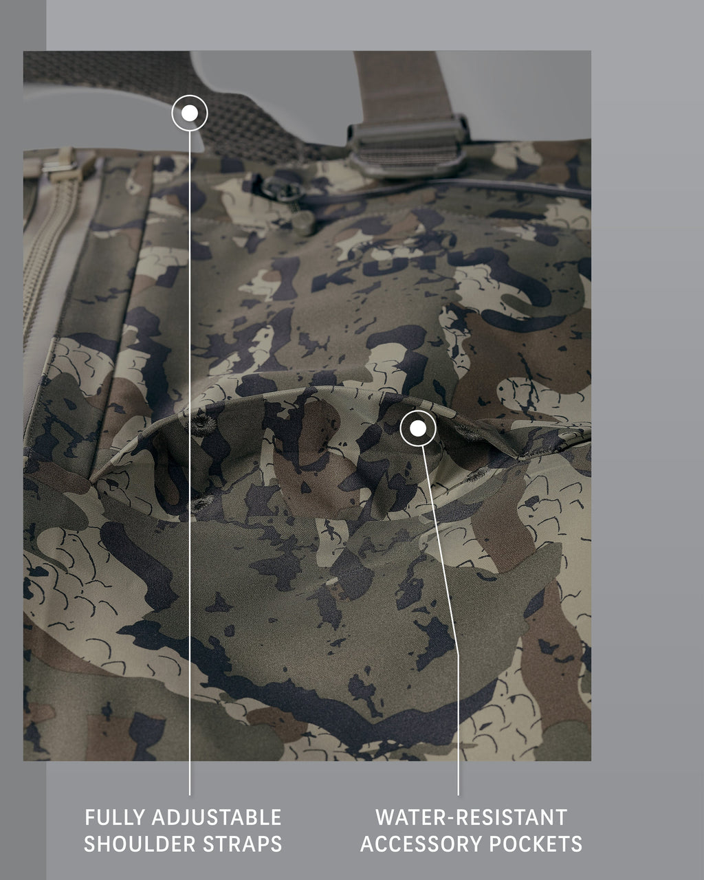 Detail callout of billowed chest pocket with drain holes and secure flap closure on KUIU PRO HD Flex Zip Wader in Ash Brown.