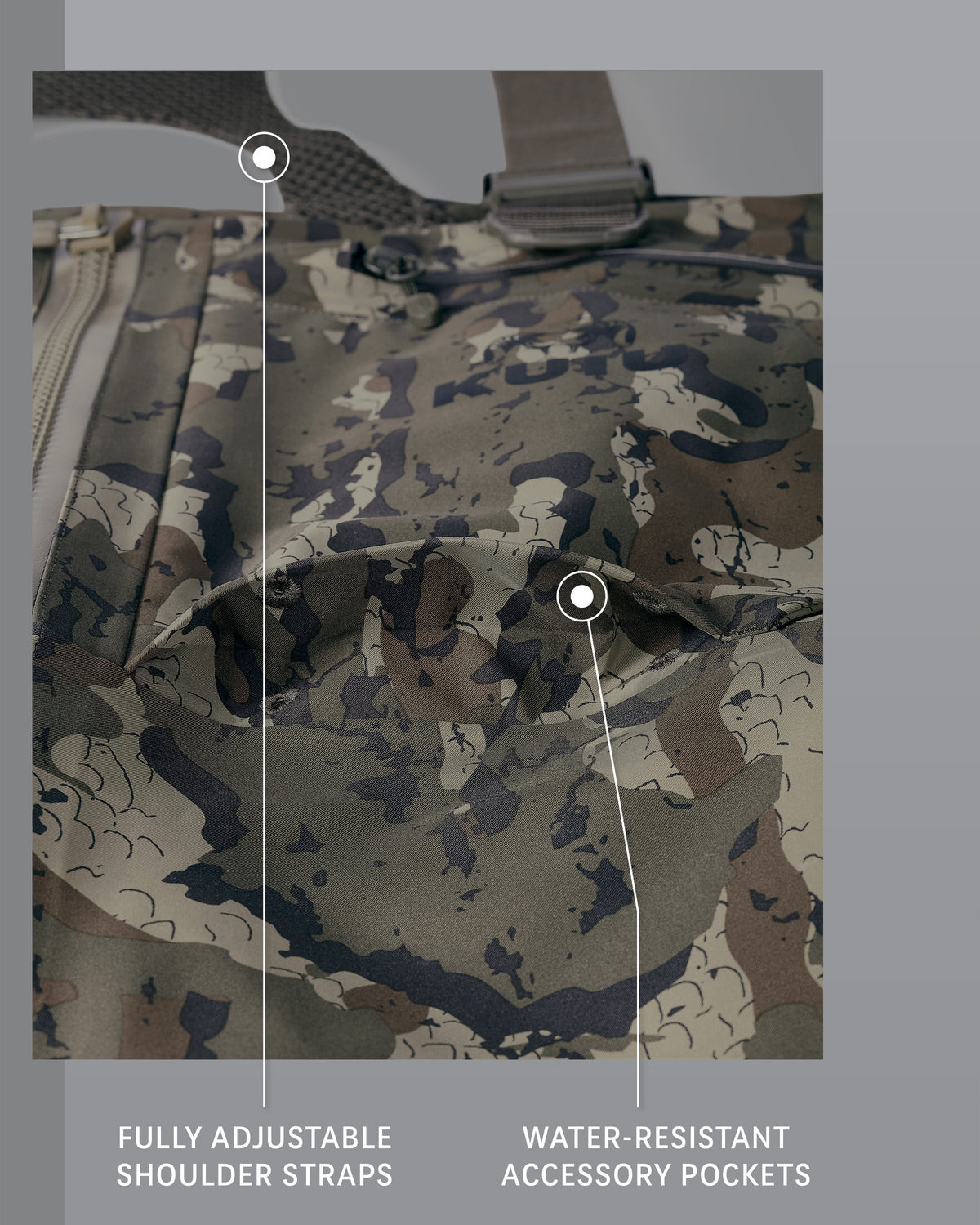 Detail callout of billowed chest pocket with drain holes and secure flap closure on KUIU PRO HD Flex Zip Wader in Ash Brown.
