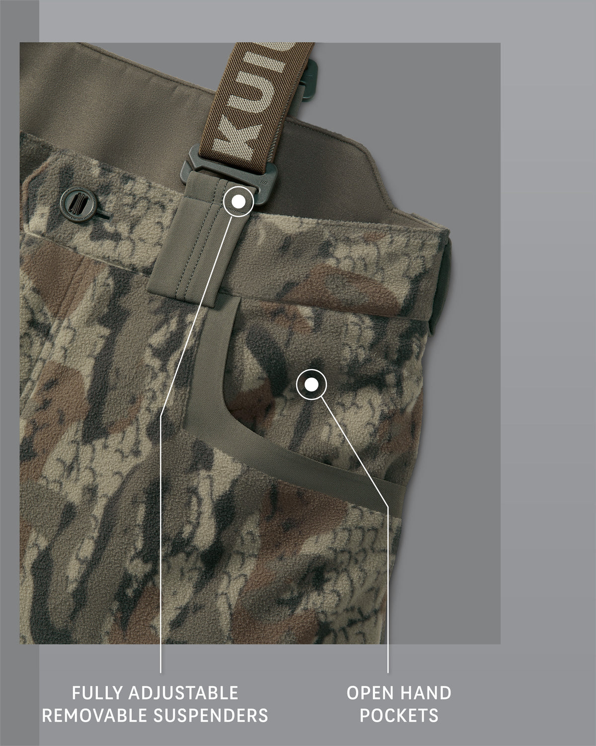 KUIU Proximity Insulated Pant highlighting detail callouts: Fully adjustable removable suspenders and Open hand pockets.