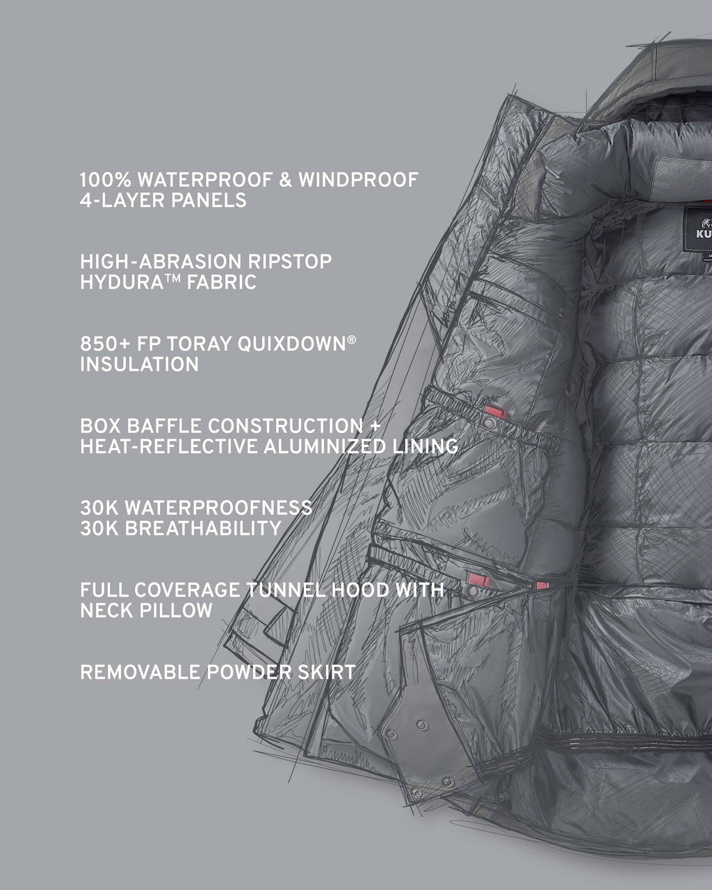 Super Down Arktuk Parka Tech Callouts, Highlighting 100% Waterproof and Windproof 4-layer Panels, High-Abrasion Ripstop Hydura Fabric, 850+ FP TORAY Quixdown Insulation, BOX Baffle Construction and Heat Reflective Aluminized Lining, 30K Waterproofness, 30K Breathability, Full Coverages Tunnel Hood with Neck Pillow, Removable Powder Skirt