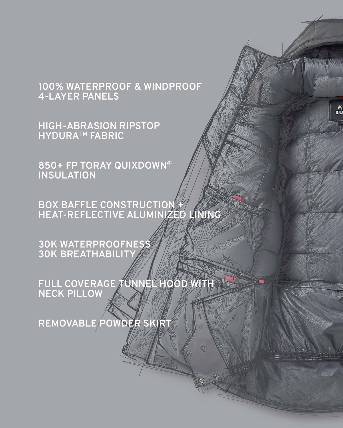 Super Down Arktuk Parka Tech Callouts, Highlighting 100% Waterproof and Windproof 4-layer Panels, High-Abrasion Ripstop Hydura Fabric, 850+ FP TORAY Quixdown Insulation, BOX Baffle Construction and Heat Reflective Aluminized Lining, 30K Waterproofness, 30K Breathability, Full Coverages Tunnel Hood with Neck Pillow, Removable Powder Skirt