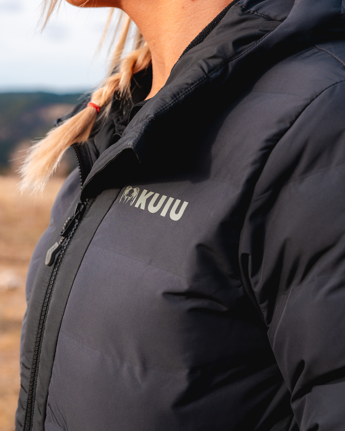 KUIU Logo on left upper chest of Elements Hooded Jacket in Gunmetal